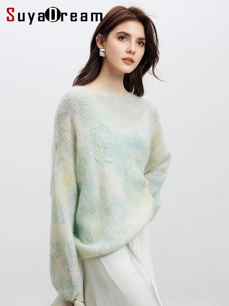 SuyaDream, Pullover Stampati da Donna, Maglioni in Lana di Pecora, Decorazioni con Perline, Collo Tondo, Top alla Moda Autunno Inverno 2025, Verde, Viola