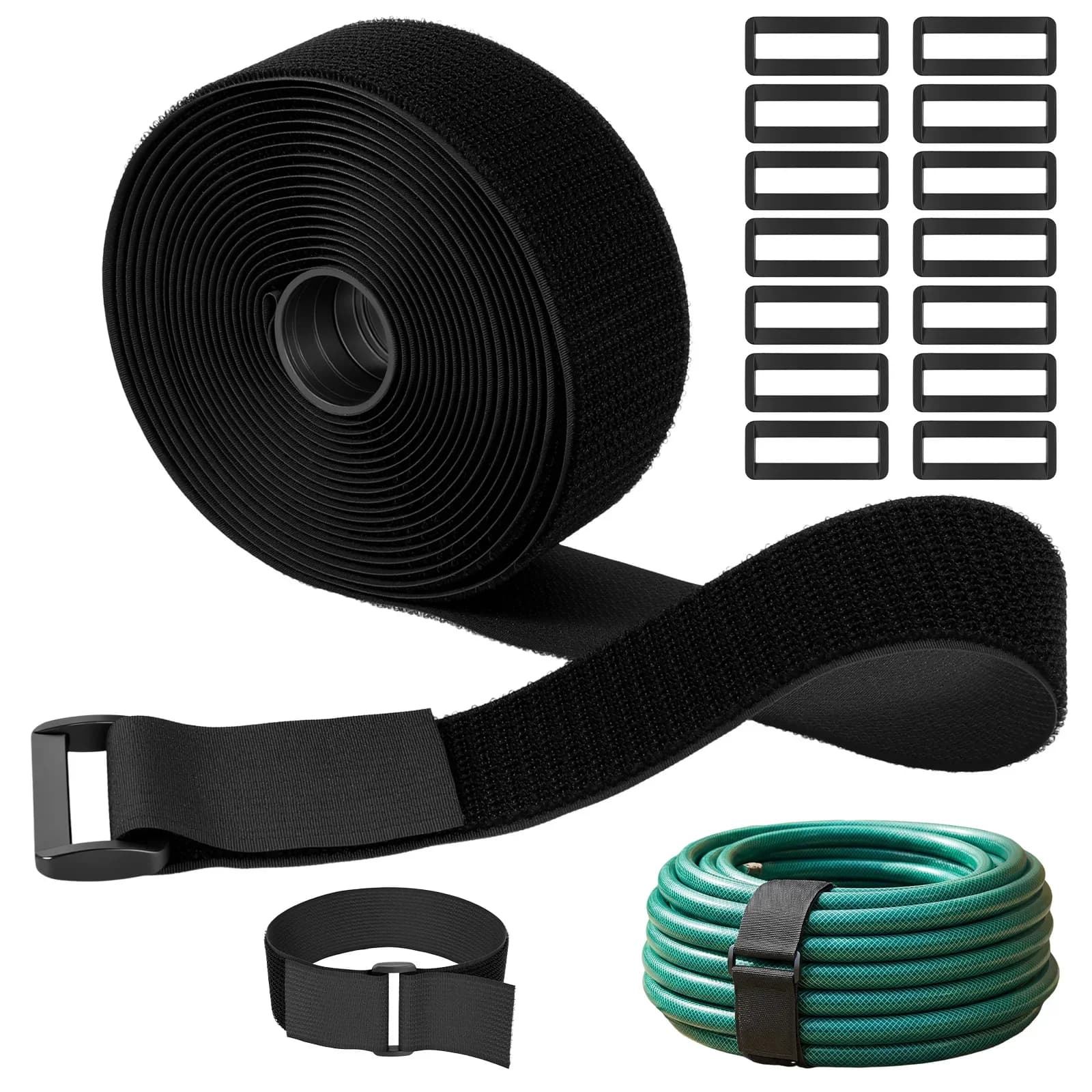 16ft Reusable Hook and Loop Cable Straps 2 Inch Wide Fastening Tape with 15 Buckles Adjustable Cord Ties for Bike Luggage Sewing
