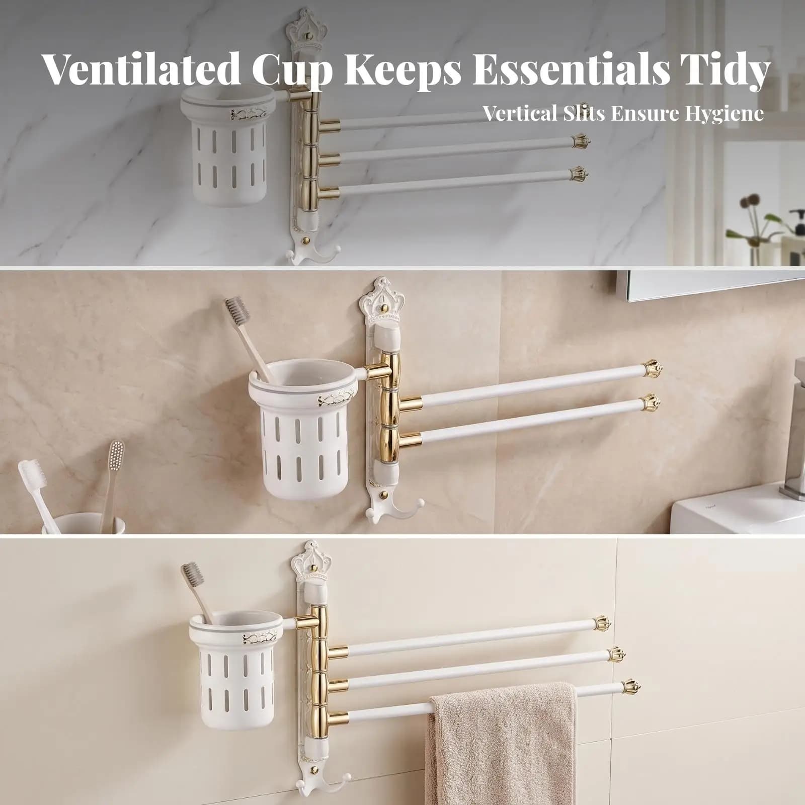 Decorative Bathroom Towel Holder with Toiletries Cup Rack Antique Ivory Gold Vertical Backplate Aluminum Organizer for Washroom