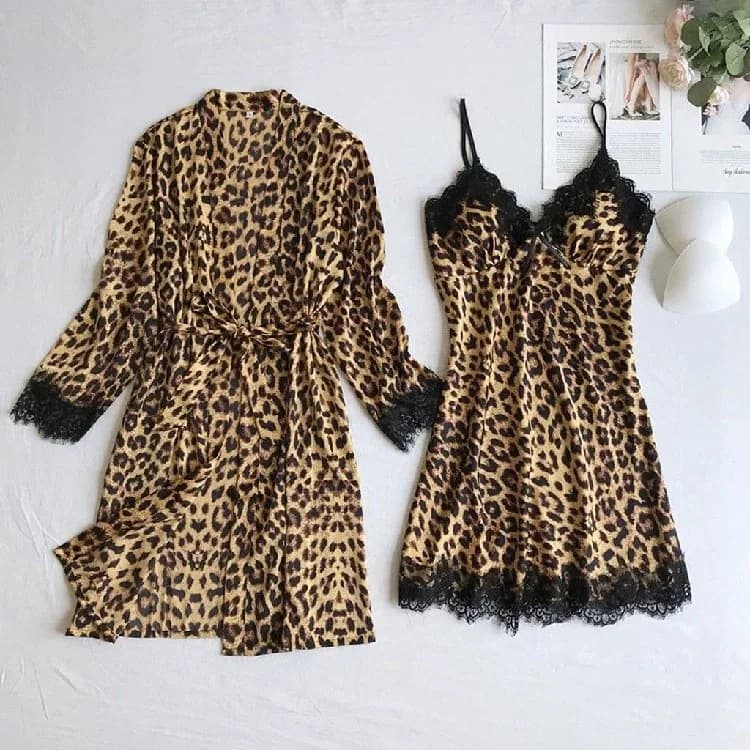 Two‑Piece Leopard Pajama Set Lace Trim Sling Nightgown With Open Front Robe Women Sexy Night‑Dress Home Loungewear Bathrobe Suit