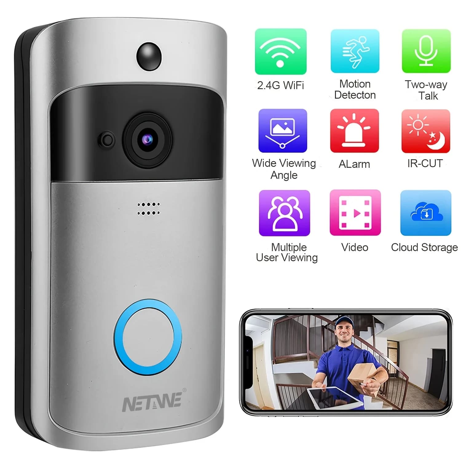 Videocamera per campanello HD wireless alimentata a batteria con rilevamento del movimento, visione notturna, conversazione bidirezionale, archiviazione su cloud - Smart Home Se