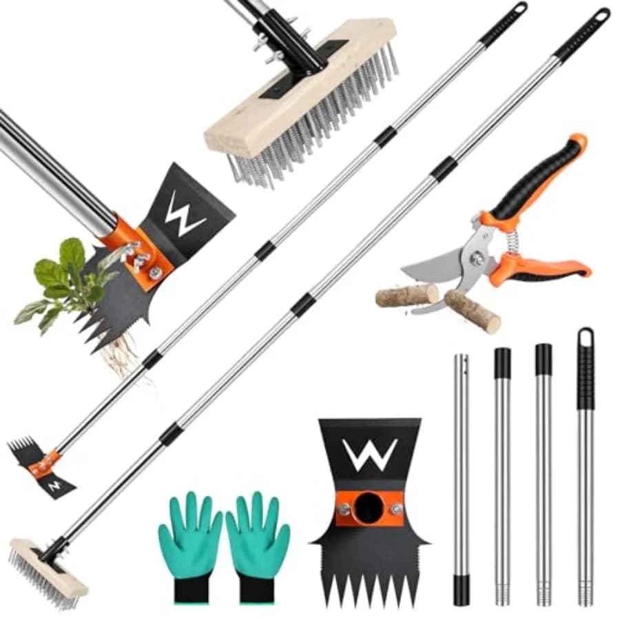 4-in-1 Weeding Tool with Hoe, Grabber, Pruning Shears and Scrub Brush, Garden Hoe and Weed Puller Tool with Long Handle, Dandel