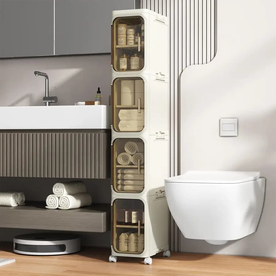 Mobiletto salvaspazio sottile per bagno, organizer stretto con ruote e porta carta igienica, impermeabile, nessun montaggio richiesto, perfetto