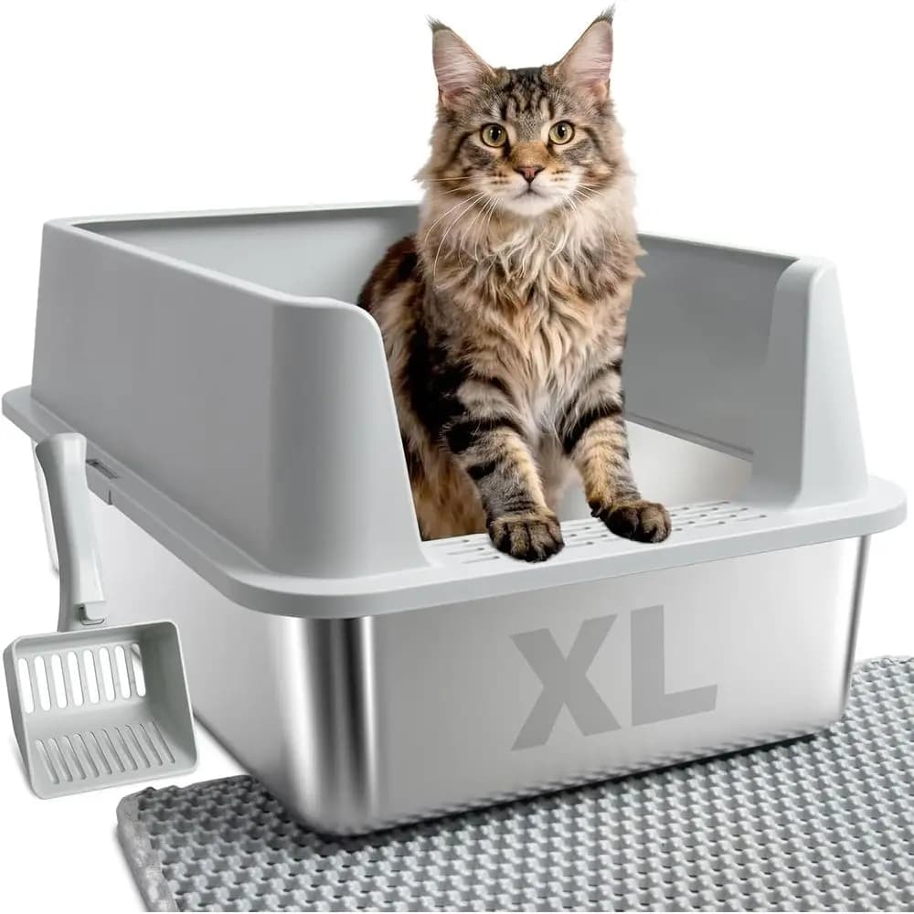 Lettiera per Gatti in Metallo Extra Large con Coperchio, Bordi Alti, Anti-Perdita, Facile da Pulire, Controllo Odori, Include Paletta e Tappetino