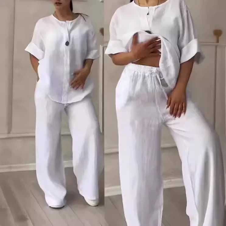 Set musulmani Donna Abito 2 pezzi Camicia Pantaloni a gamba larga Abiti 2025 Ensemble Bottone Con lacci Camicetta in vita elastica Pantaloni dritti