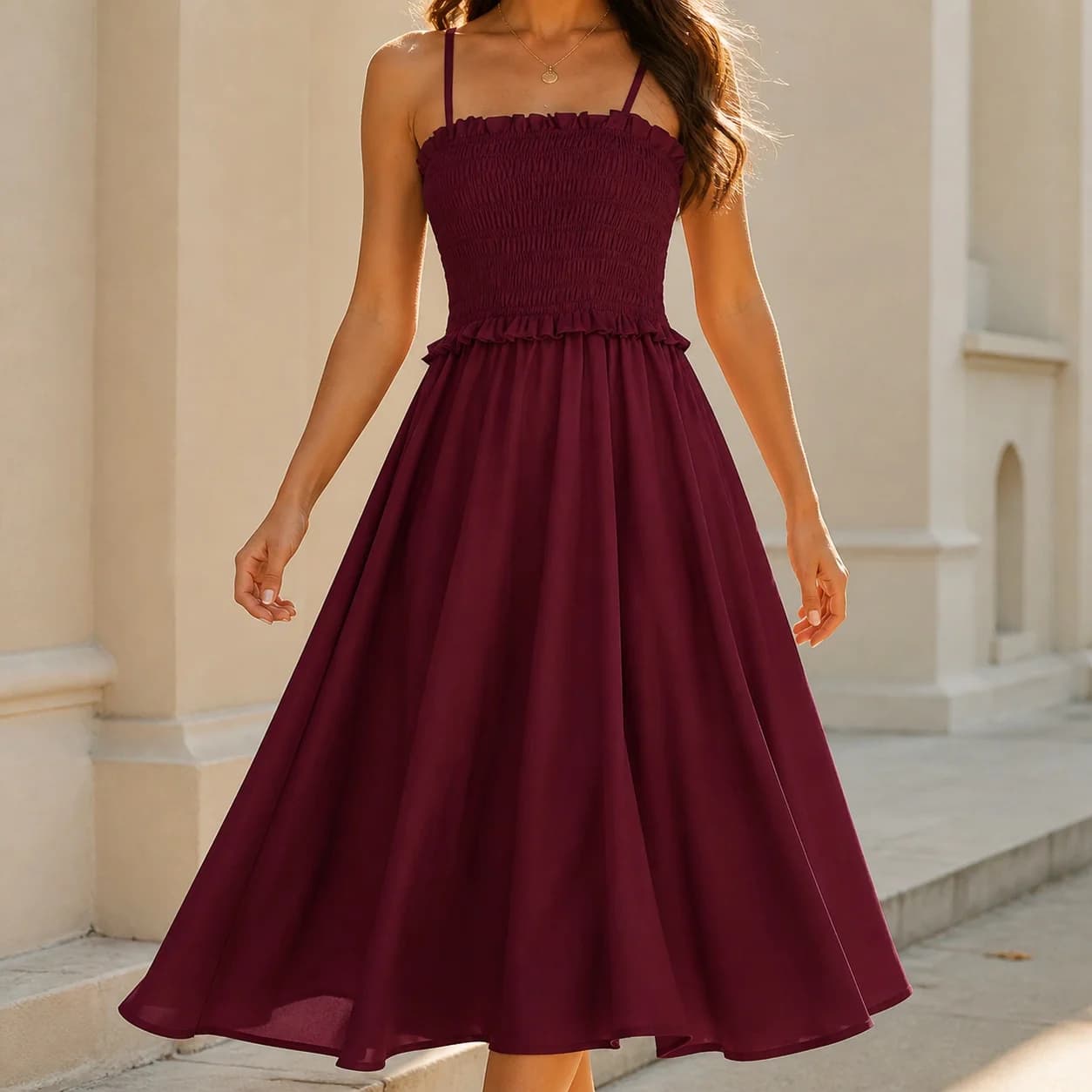 Women's Summer White Sleeveless A Line Spaghetti Strap Off Shoulder Midi Dress Elegant High Waist Pleated Solid Color for Women