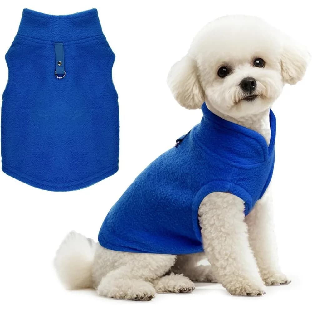 Dog Sweater with Leash Ring, Soft Fleece Vest, Warm Jacket for Winter (Blue, Small)