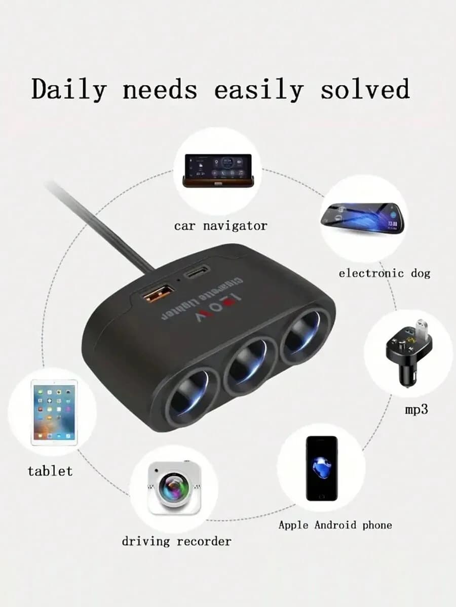 Caricabatterie per auto 3 in 1 con USB PD e tripla presa di alimentazione da 120 W per telefono, tablet e navigatore