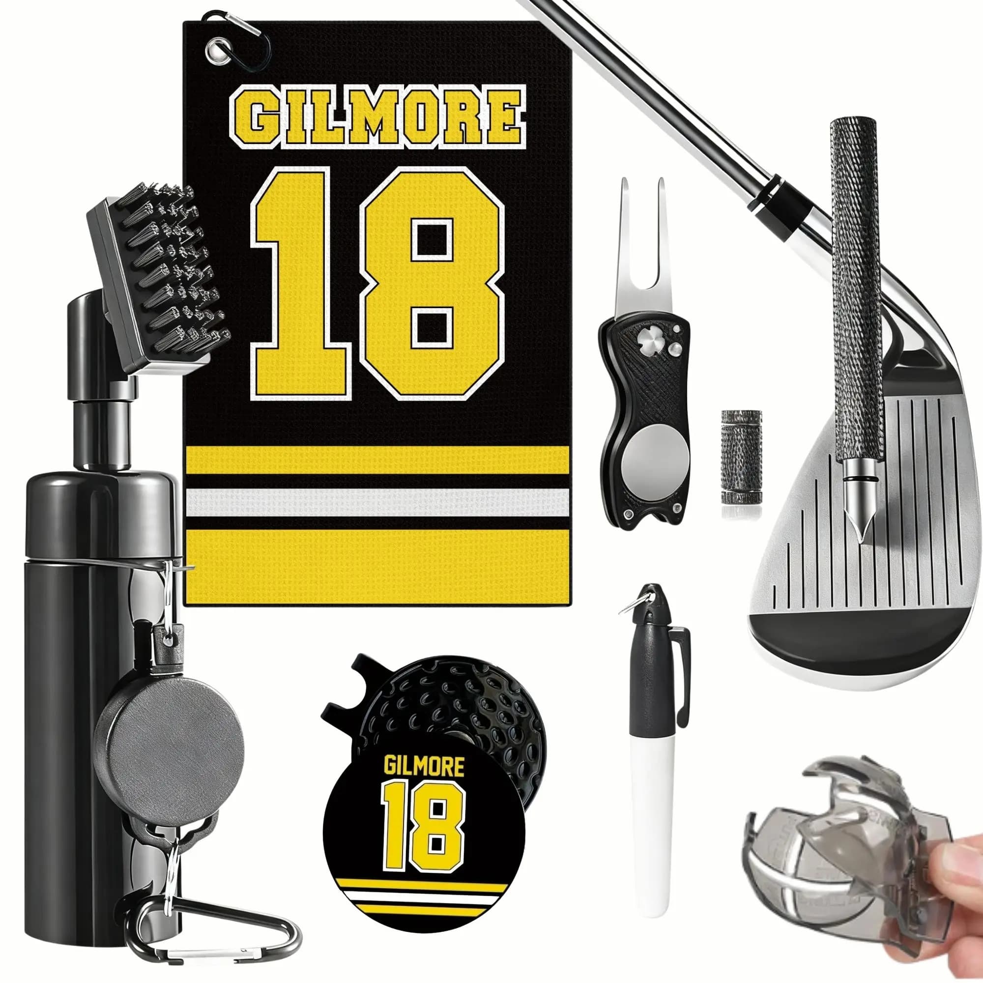 Kit Completo per la Pulizia delle Mazze da Golf con Pulitore per Mazze, Asciugamano da Golf, Riparatore di Divot, Affilatore per Scanalature e Kit per l'Allineamento della Palla da Golf