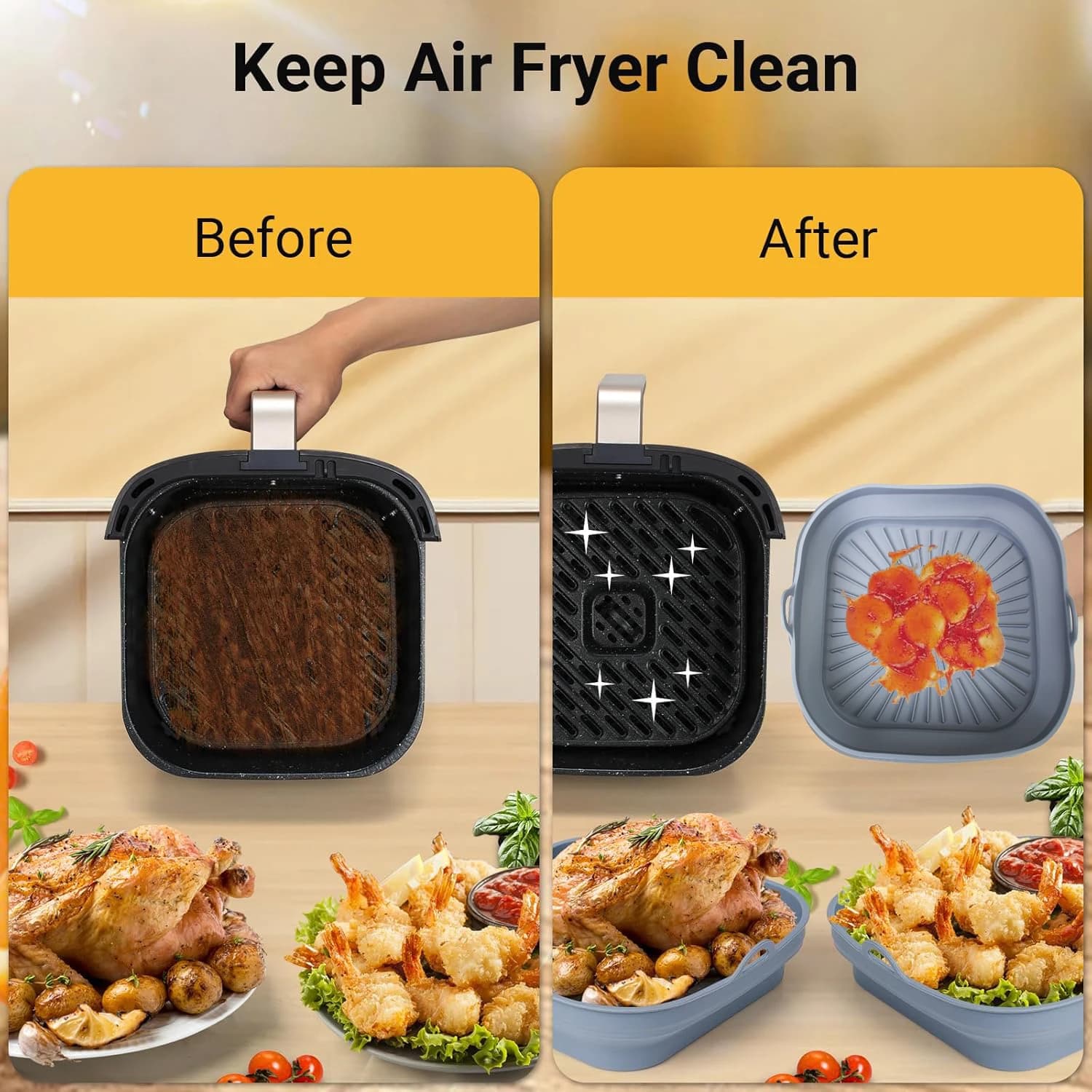 Silicone Air Fryer Tray Basket Container Dish Large 20-23cm Utensils for COSORI Cecotec 5.5L, 6L