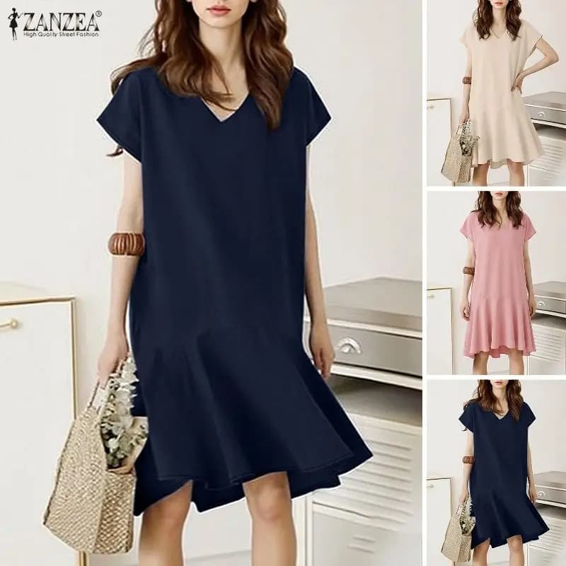ZANZEA Summer Stylish Casual Holiday Beach Dresses Women V Neck Short Sleeve Dress Knee Length Robe Solid Ruffled Hem Sundress