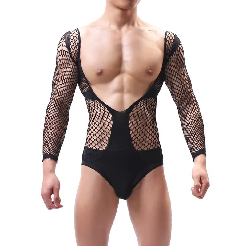 Lingerie sexy da uomo a maniche lunghe trasparente con rete da pesca allettante giacca a rete monopezzo aderente body erotico per adulti