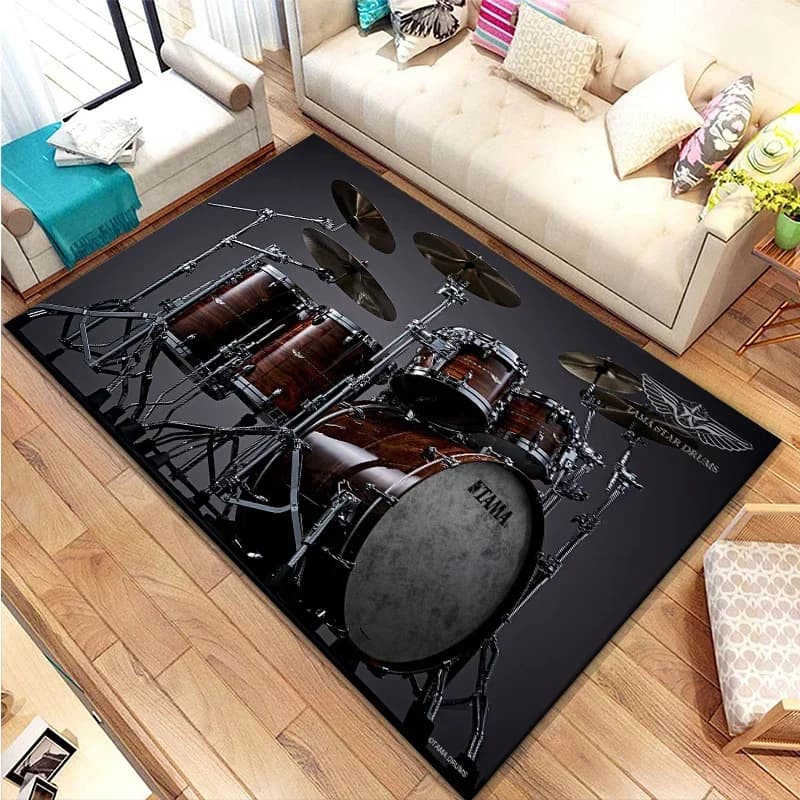 Kit batteria 3D Area strumenti musicali Tappeto grande Tappeto rock musicale per la casa Soggiorno Camera da letto Dormitorio Tappetino antiscivolo Tappetini
