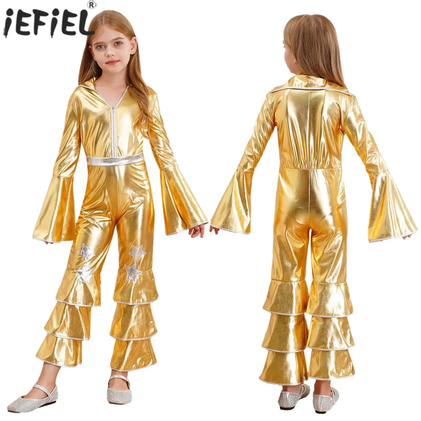 Kids Girls 70s Disco Dance Vintage tuta Metallic Shiny Flare Sleeve Ruffle Bell Bottom per Halloween Theme Party Cosplay