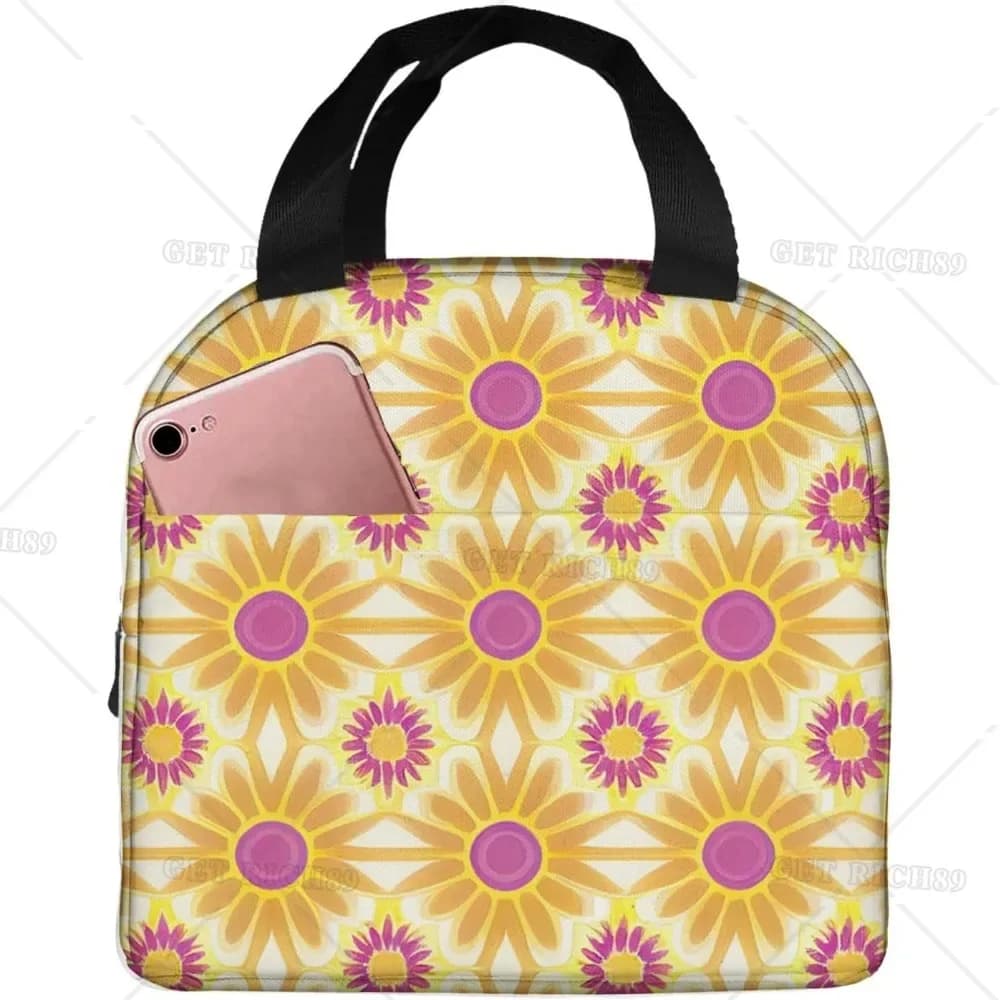 Orange and Yellow Flower Print Reusable Leakproof Lunch Box for Work Office Picnic Travel Portable Insulated Lunch Bag for Women