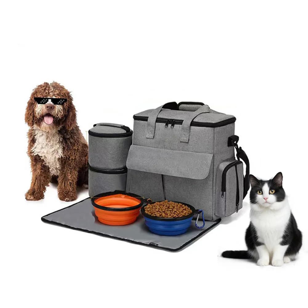 Borsa da viaggio per cani Zaino Accessori per animali domestici Organizzatore per la settimana/notte, con 2 borse per alimenti 1 tovaglietta impermeabile 2 ciotole pieghevoli