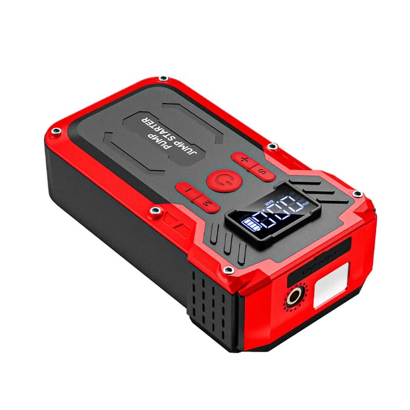 Avviatore di Emergenza per Auto 12V con Batteria agli Ioni di Litio, Compressore d'Aria e Pompa per Gonfiaggio Pneumatici, Doppio Uso, Alimentazione di Emergenza, Rosso/Nero