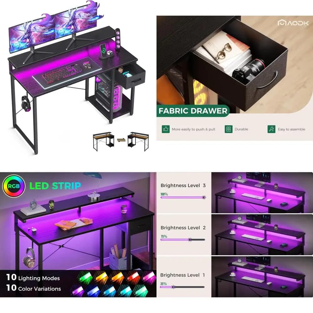 48 LED illuminated computer desk with storage drawers, reversible desk with monitor support and headphone support for games
