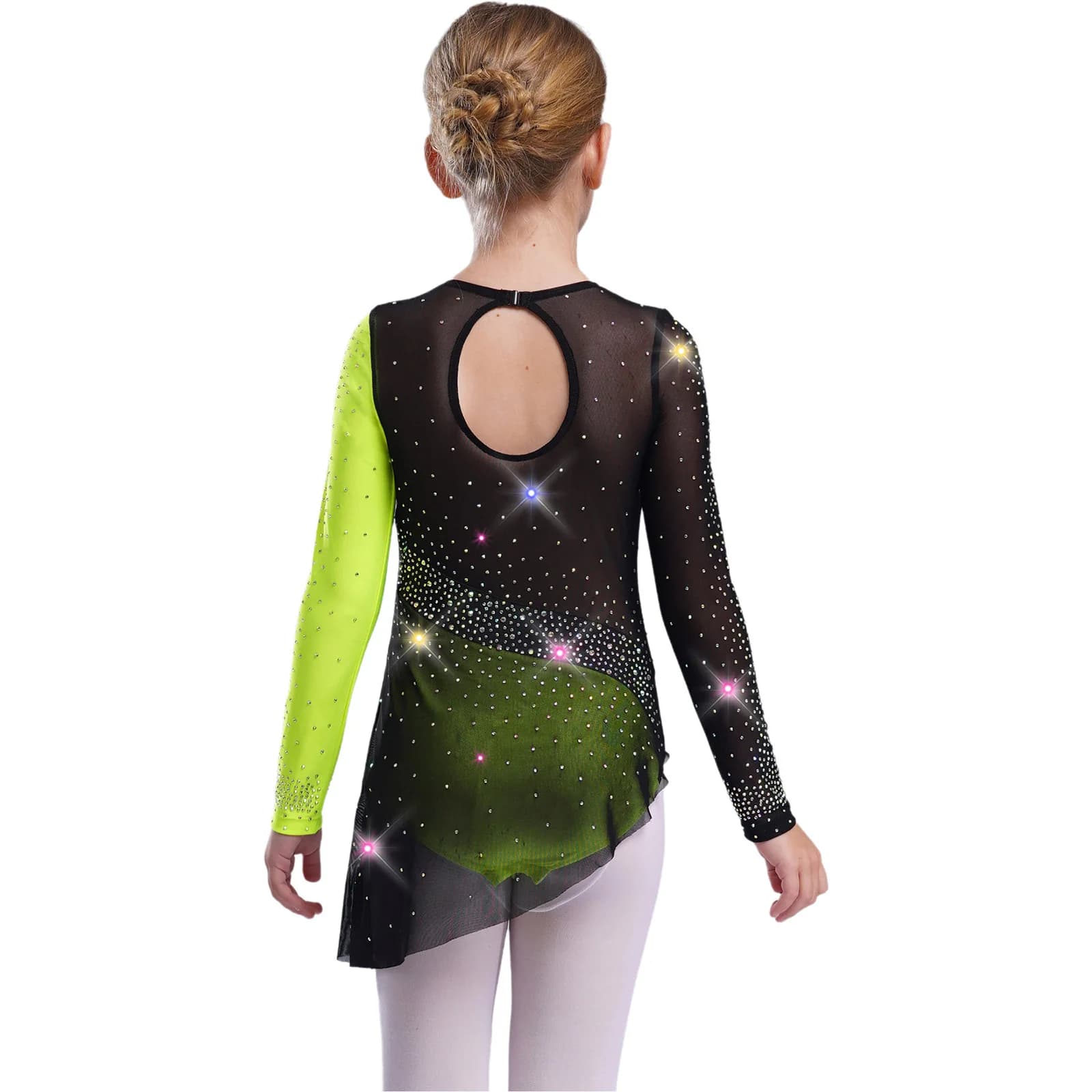 Body da balletto per bambina, vestito da ginnastica ritmica, costume da ballerina, manica lunga, body a blocchi di colore con strass a rete trasparente