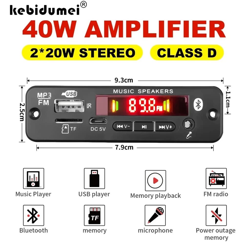 Scheda Decoder MP3 Bluetooth 5.0 KEBIDUMEI 2*20W 40W Amplificatore Audio Player 12V DIY Lettore MP3 Auto Radio FM TF USB Microfono Registrazione Chiamate