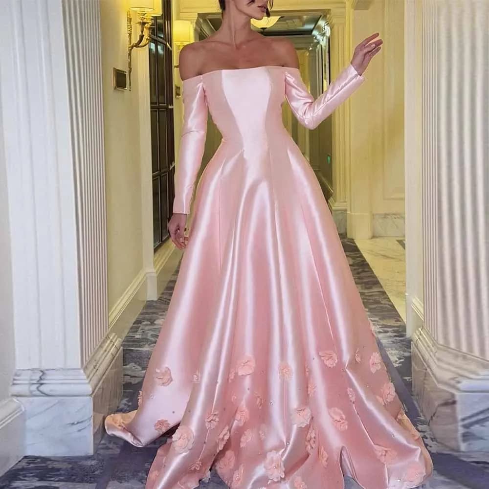 Dreamy Bespoke Occasion Dresses Satin A-line Birthday Dress Pink Off-the-shoulder Applique Pearls Ruched Prom Dresses for Ladies