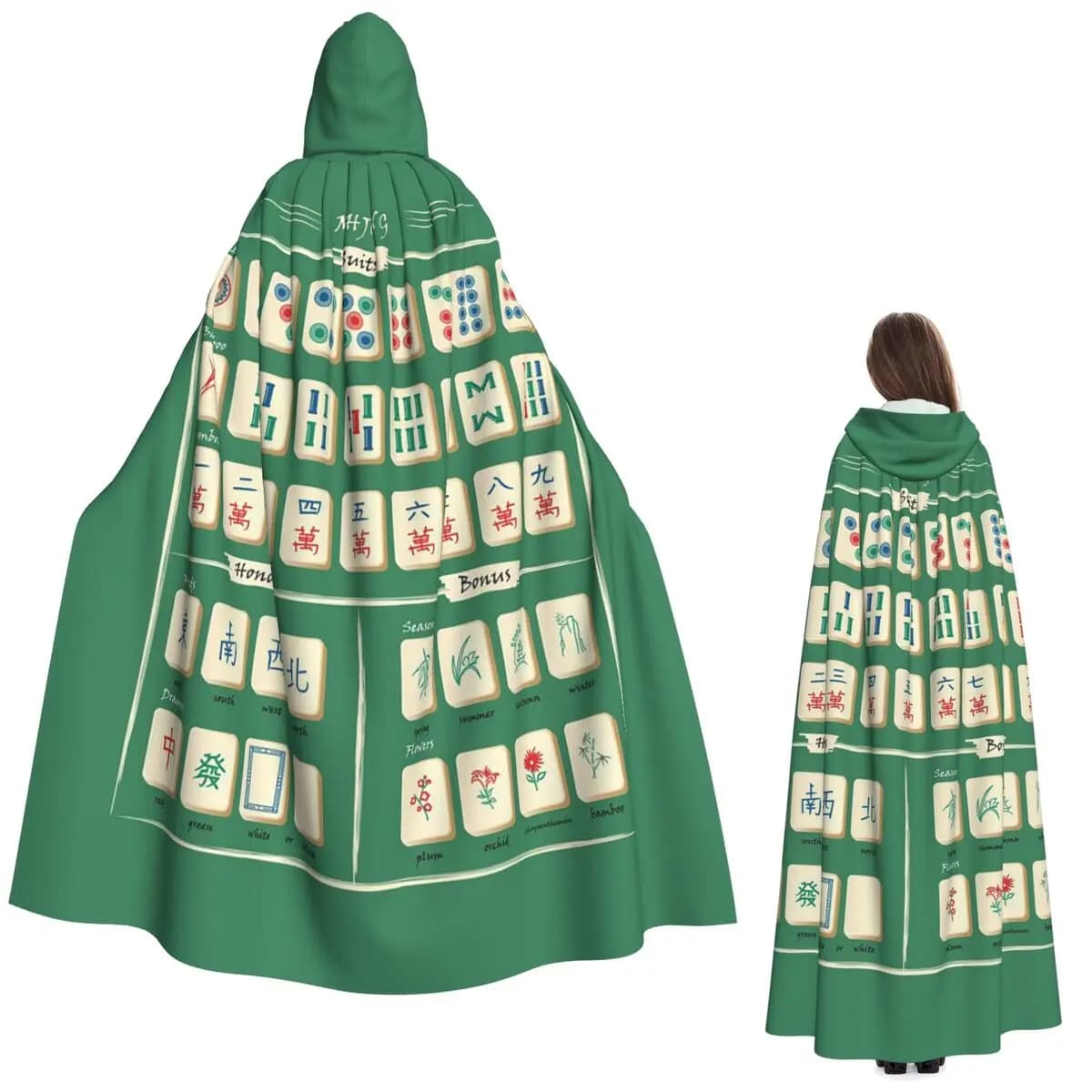 Mantello Lungo con Cappuccio Motivo Mahjong Costume da Strega Medievale Cosplay Mantello Halloween Vampiro Unisex Adulto