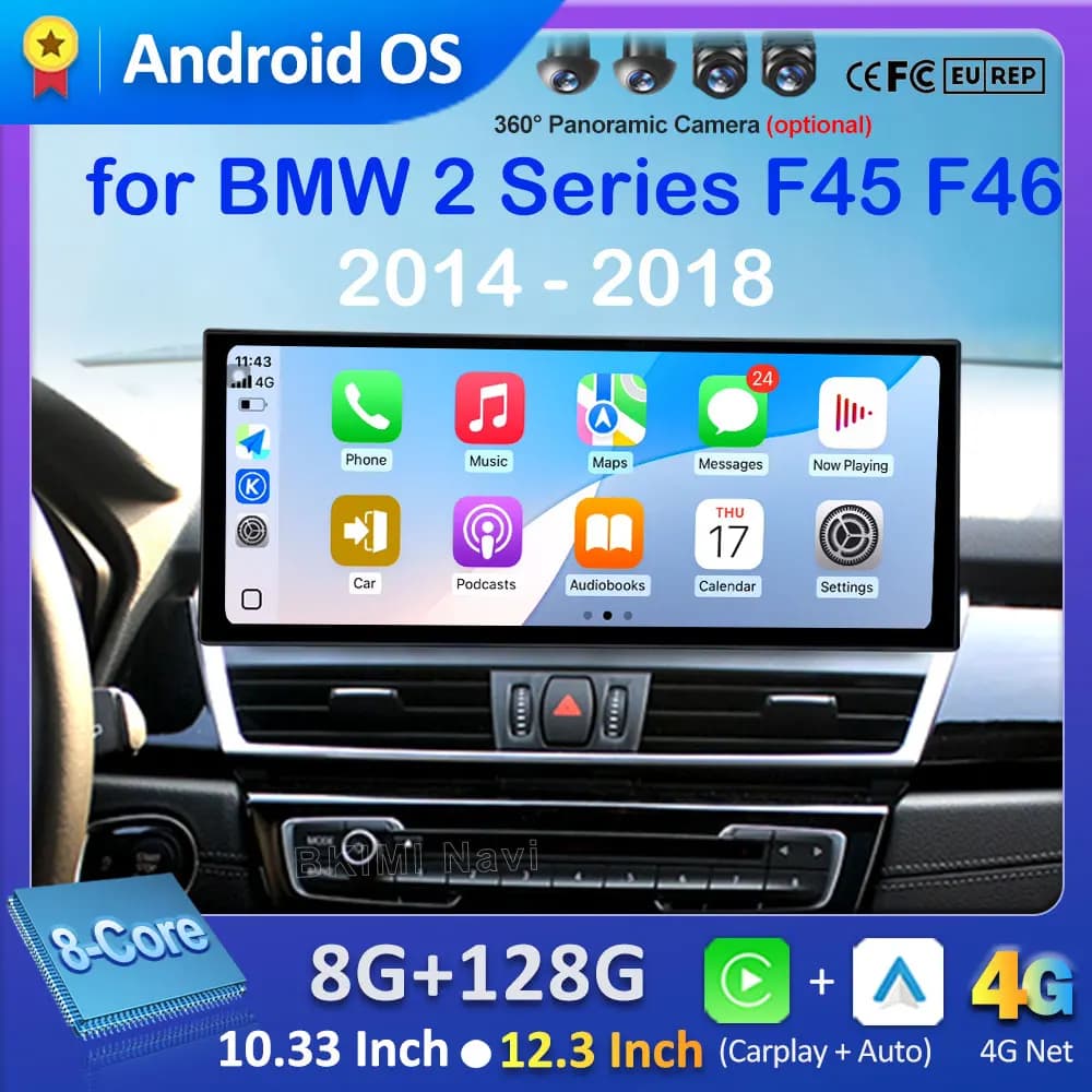 Autoradio Android 16 Lettore multimediale 4G per BMW Serie 2 F45 F46 2014 - 2018 Sistema NBT EVO Schermo ultrasottile Navigazione GPS