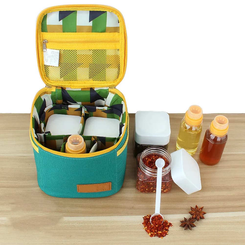 Set di Barattoli Portatili per Spezie da Campeggio, 4 Bottiglie Solide da 180ml, 3 Bottiglie Liquide da 115ml, Cucchiaio Dosatore, Borse Portaoggetti per Barbecue all'Aperto