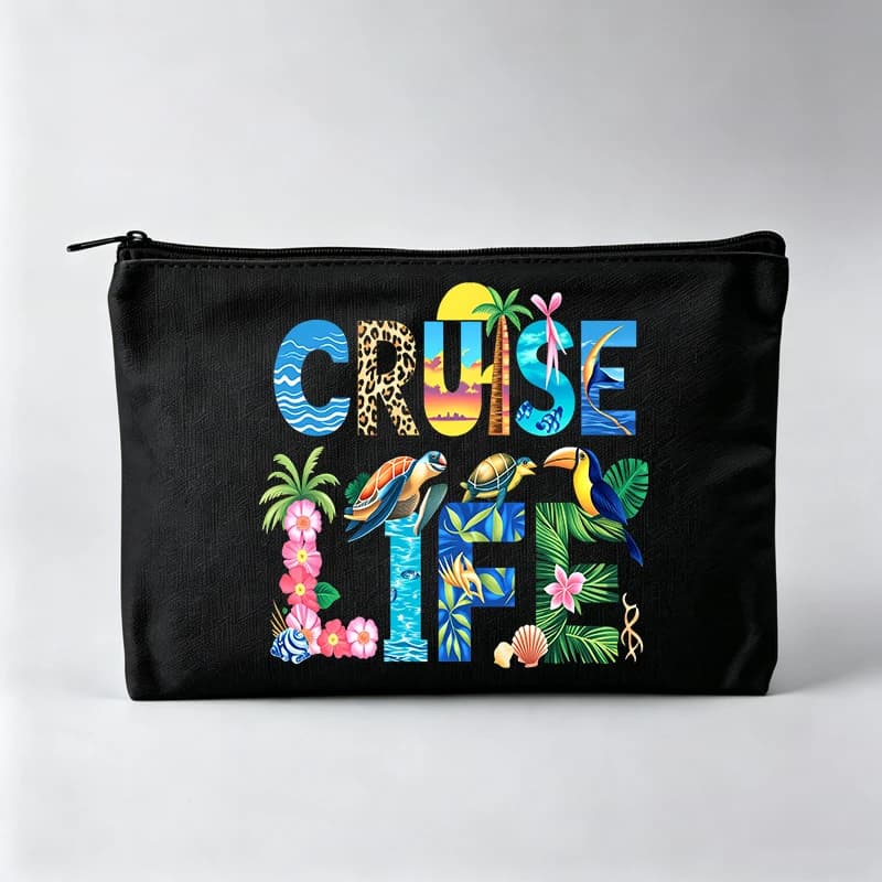 Women's Cruise Life Typography & Tropical Animal Print Makeup Bag, Zipper Cosmetic Pouch for Travel