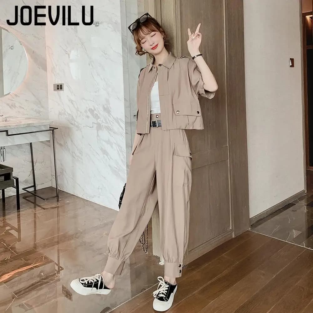 JOEVILU 2PCS Tracksuit Short Sleeved Jacket Cargo Pants 2 Piece Sets Women Slimming Outfits Spring and Autumn Korean Casual Suit