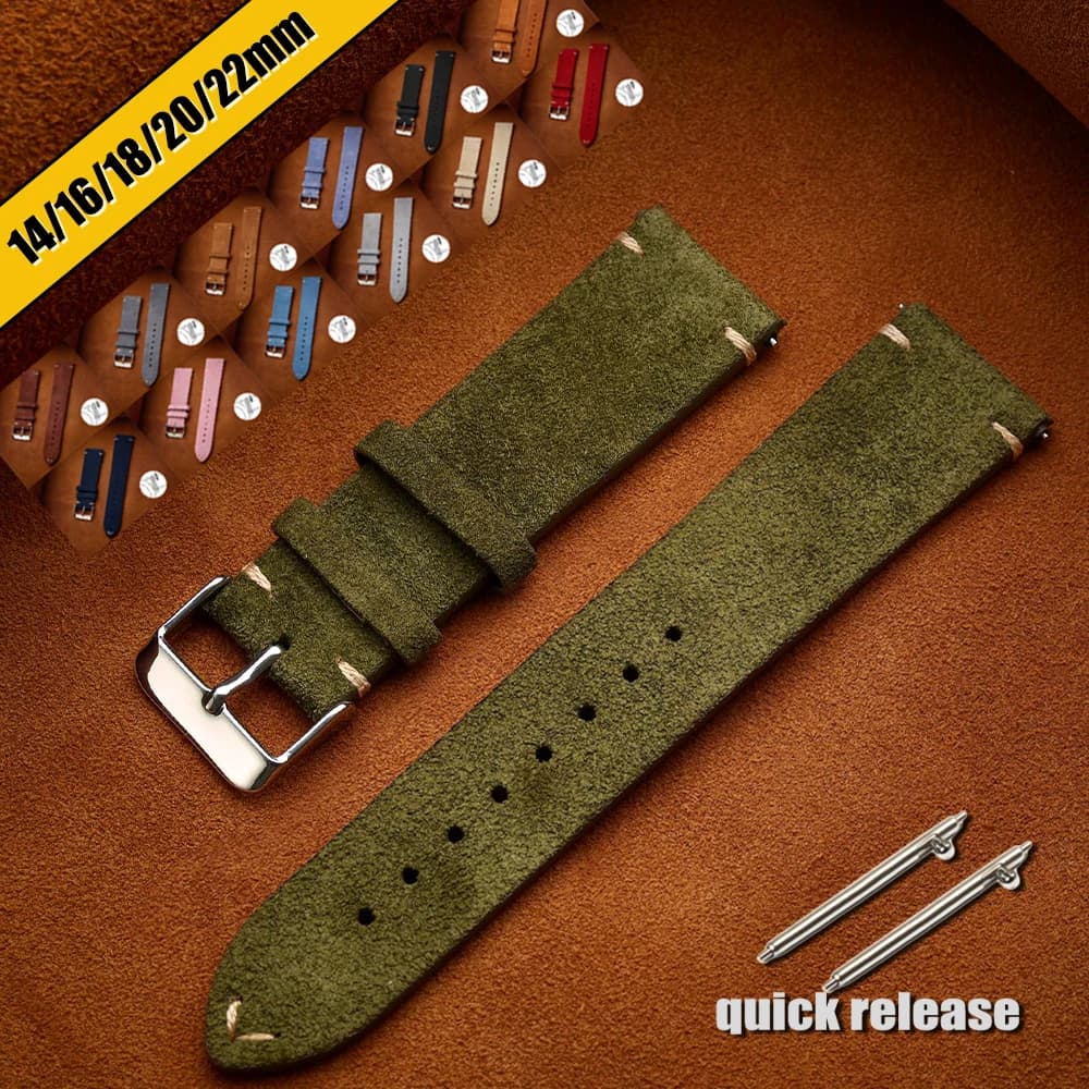 Strap 20mm 22mm 14mm 16mm 18mm Quick Hook in Soft Suede Green Brown Leather, Vitello Leather Bracelet for Watches, Women's Accessories