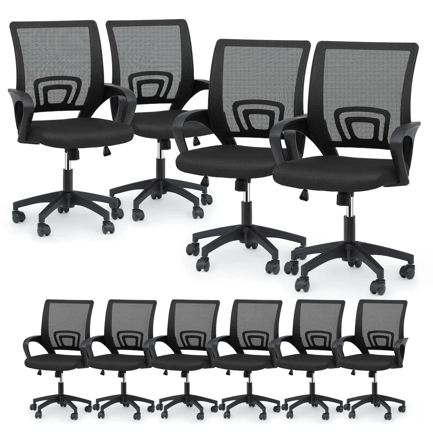 Sedia da Ufficio Ergonomica in Rete con Supporto Lombare, Girevole, Capacità 300 Libbre, per Gaming e Lavoro, Confezione da 10, Nera Personalizzabile