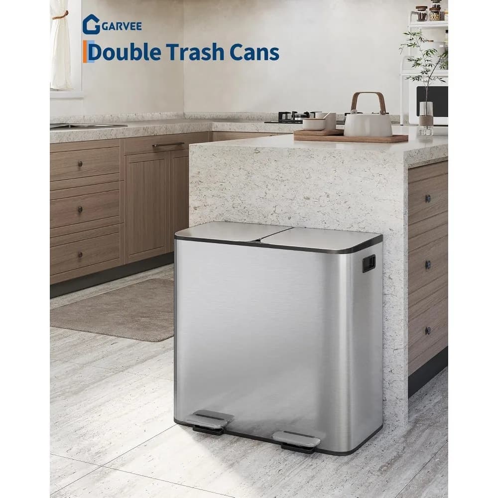 2 x 40L Large Capacity Bathroom Trash Can With Dual Compartment Stainless Steel Step-On Bin Removable Inner Buckets Garbage Can for Kitchen, Bathroom, Bedroom, Living Room