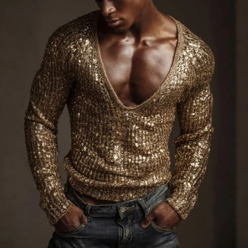 Top da uomo sexy con paillettes e scollo a V profondo, a maniche lunghe, alla moda per feste, discoteche e streetwear, maglietta casual lucida a maniche lunghe per uomo