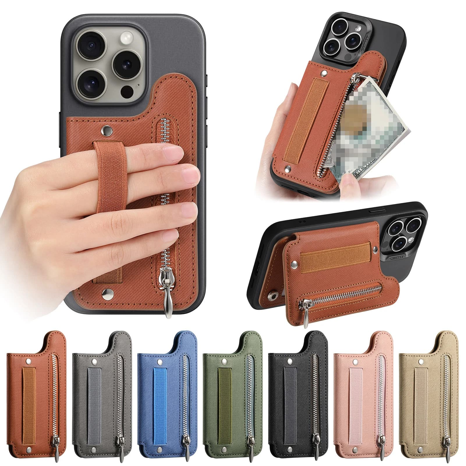 Flip card Bag Phone Case Card Holder Portable Wrist Strap Zipper Wallet Can Hold Multiple Cards Desktop Support Stand