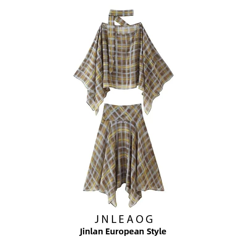 Fashionable Plaid Scarf Cowl Neck Midi Skirt Set Women's Autumn New Arrival Breathable Polyester Short Length Casual Wear
