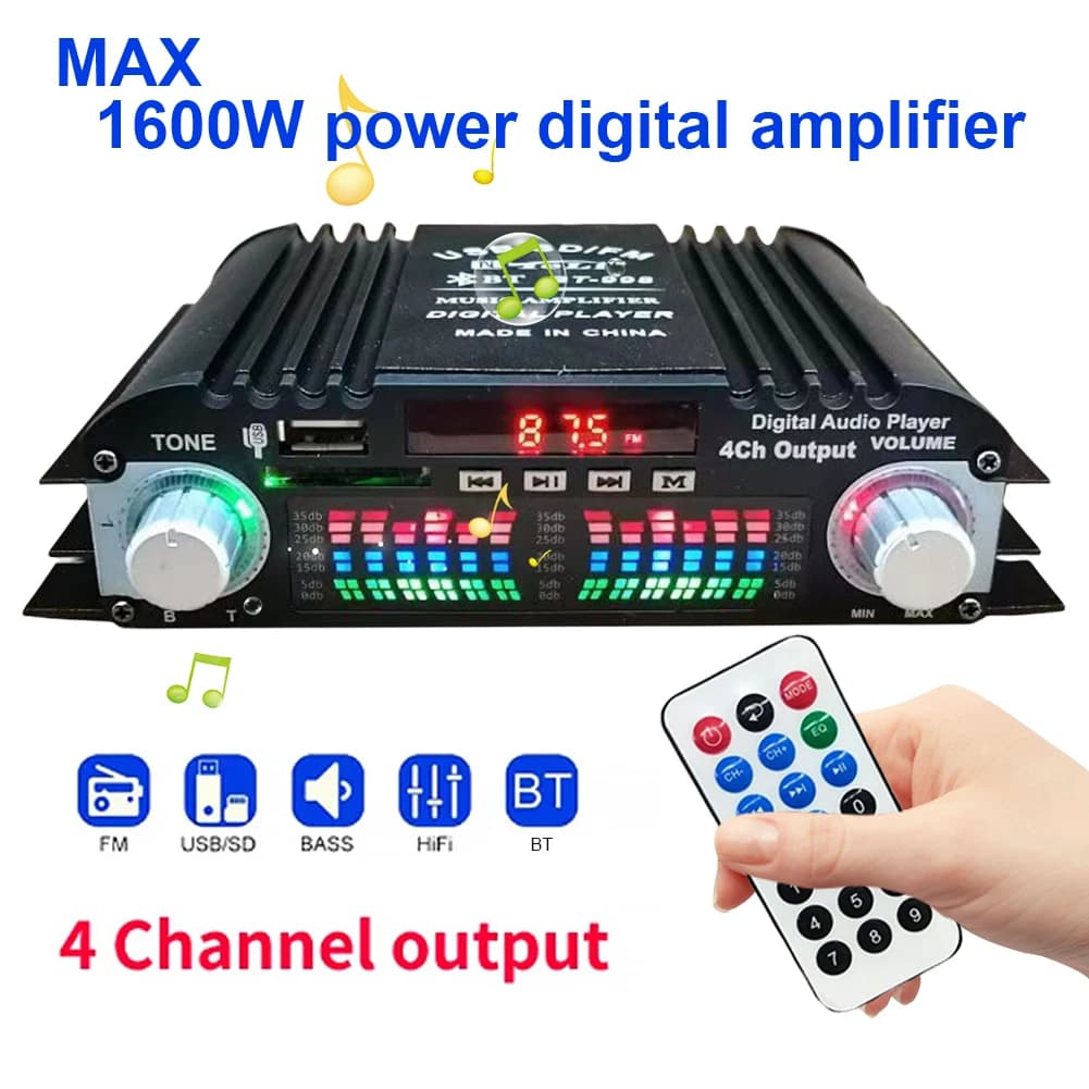 Amplificatore Stereo HiFi a 4 Canali da 1600W di Potenza di Picco, Radio FM, USB, Compatibile con Bluetooth, Telecomando Incluso