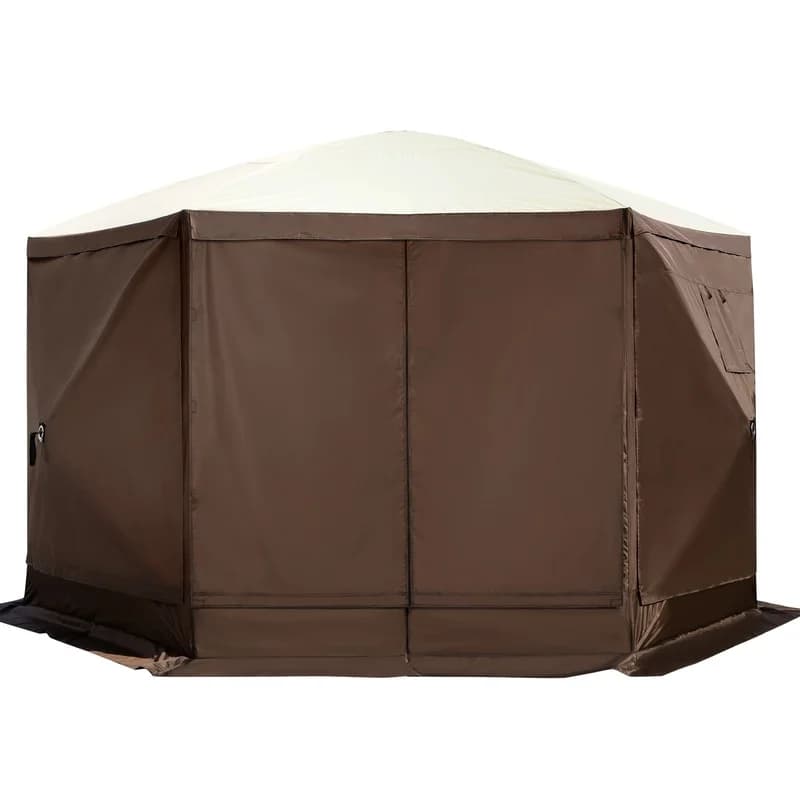 12x12ft Pop-Up Gazebo Tent with Mesh Windows, Portable Canopy Shelter for Camping, Lawn, Backyard – Brown/Beige