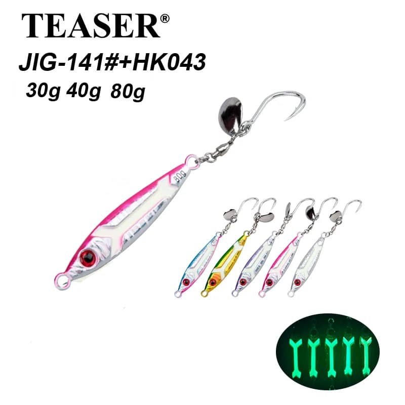 TEASER 30G 40G 80G Esca artificiale in metallo a lento affondamento, luminosa, per lancio a lunga distanza, con ami, per la pesca in mare da riva