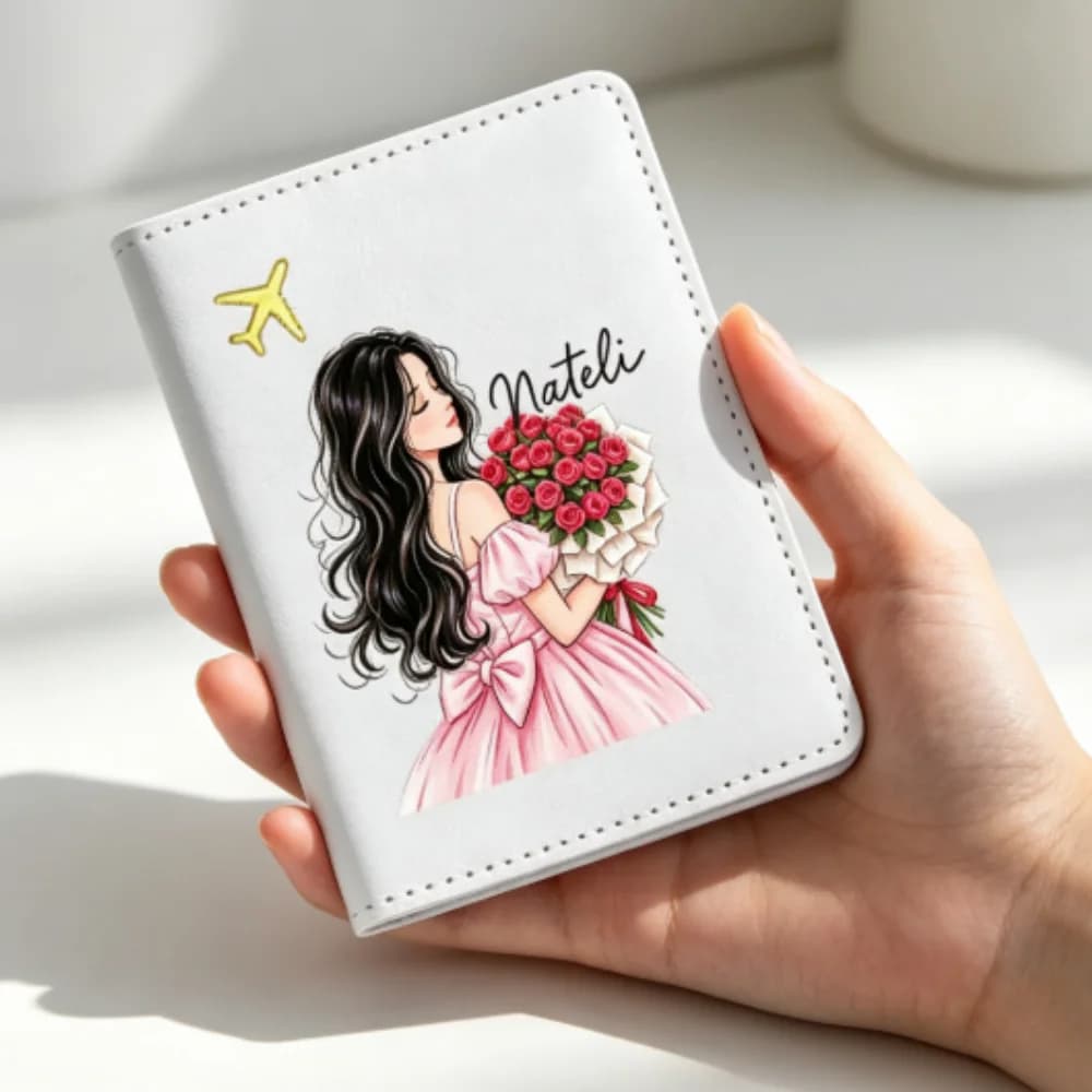 Personalized Custom Name Initial Lightweight PU Passport Holder, Open Top Travel Wallet For Women Girls