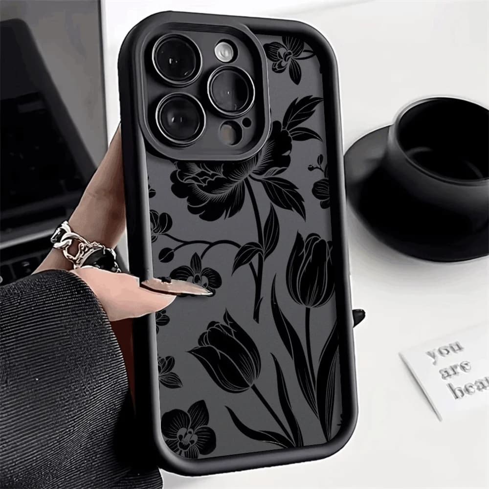 Black Floral Silhouette Phone Case for Xiaomi Redmi Note 14 13 12 11 10 9 8 7 Pro Shockproof Anti-Slip Soft TPU Cover
