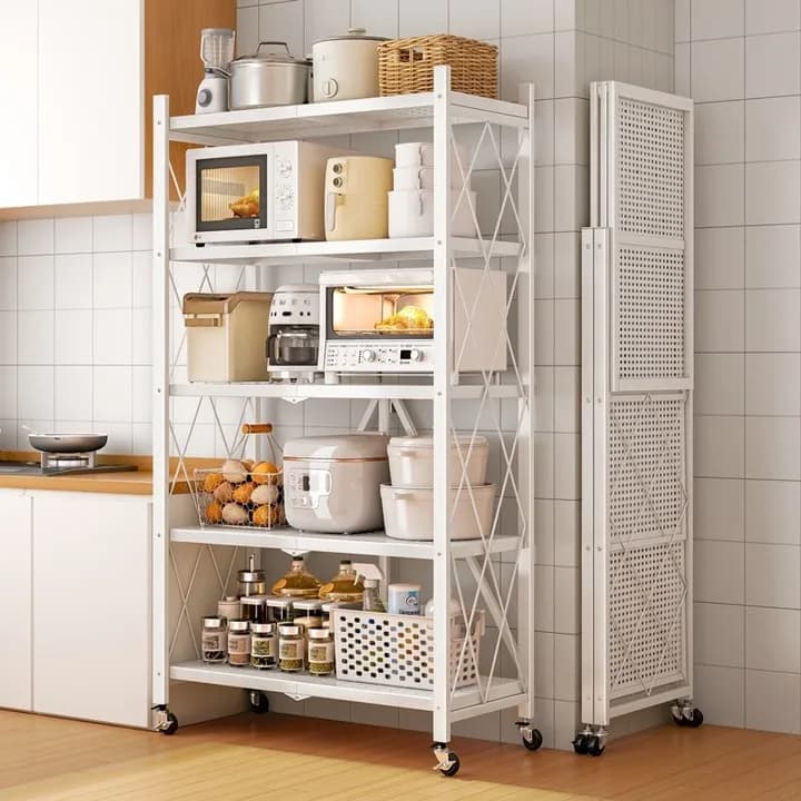 Multi-Layer Foldable Storage Shelf No Assembly Rolling Shelving Unit with Wheels 3/4/5 Tier Metal Organizer Rack Organizer