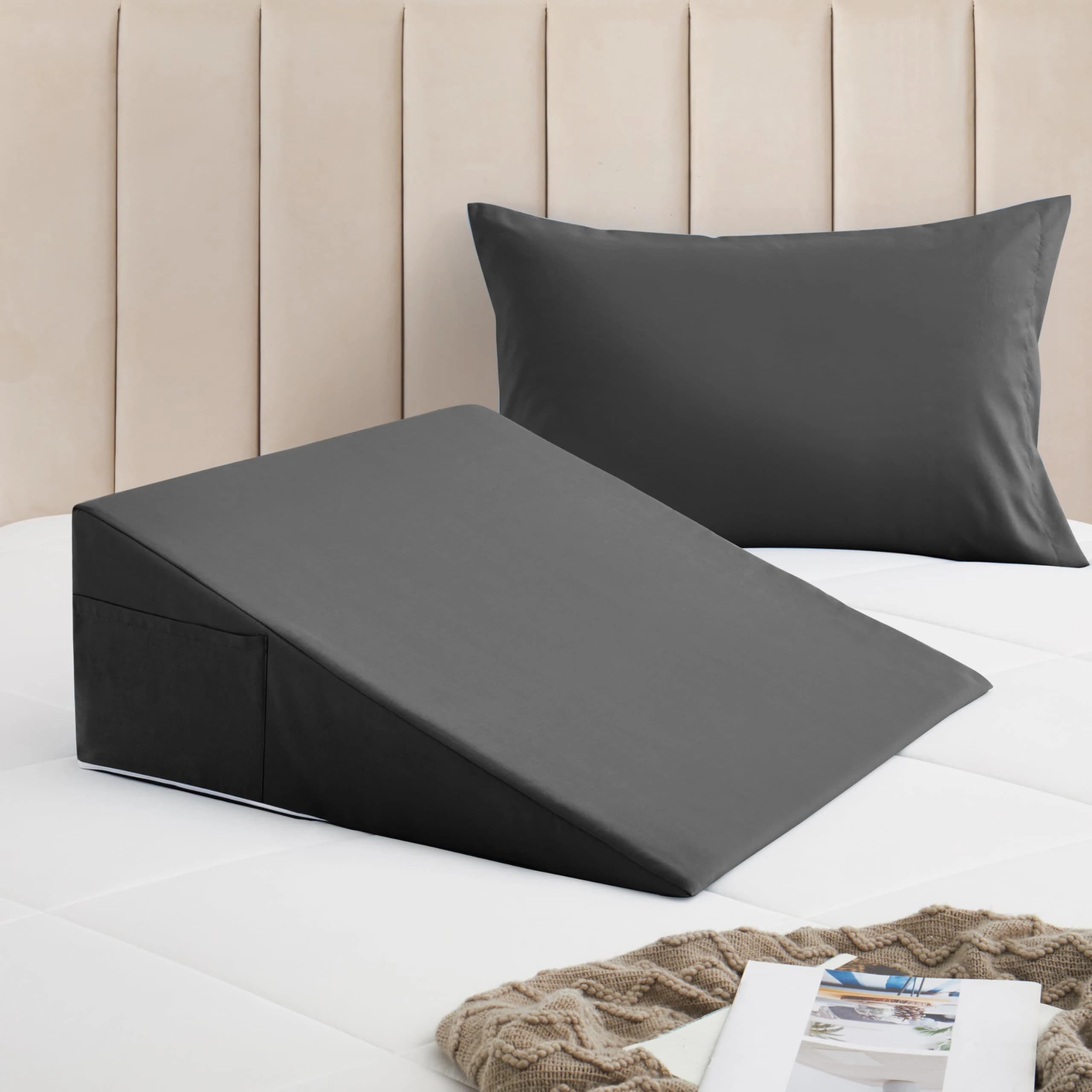 Memory Foam Wedge Pillow for Leg Elevation With Zipper Side Pockets Knee Support for Sleep 24x 24x12 inches (no pillow insert)