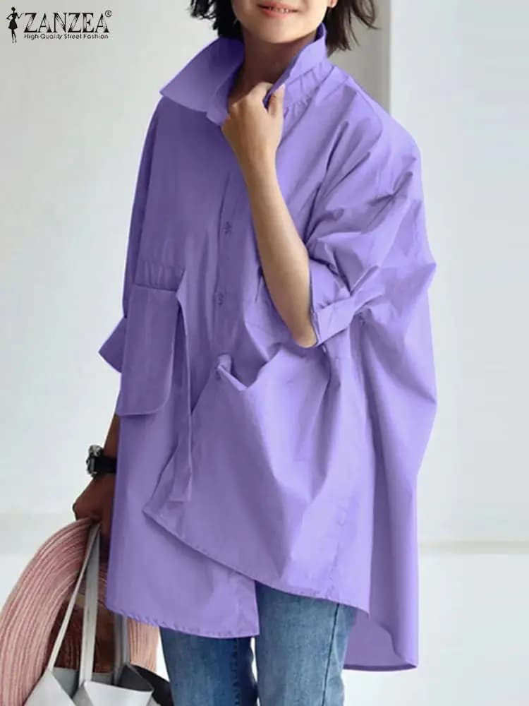 Camicia allentata a maniche lunghe con collo a bavero da donna oversize Camicetta primaverile di moda 2025 ZANZEA Work Party Blusas Top casual solidi eleganti