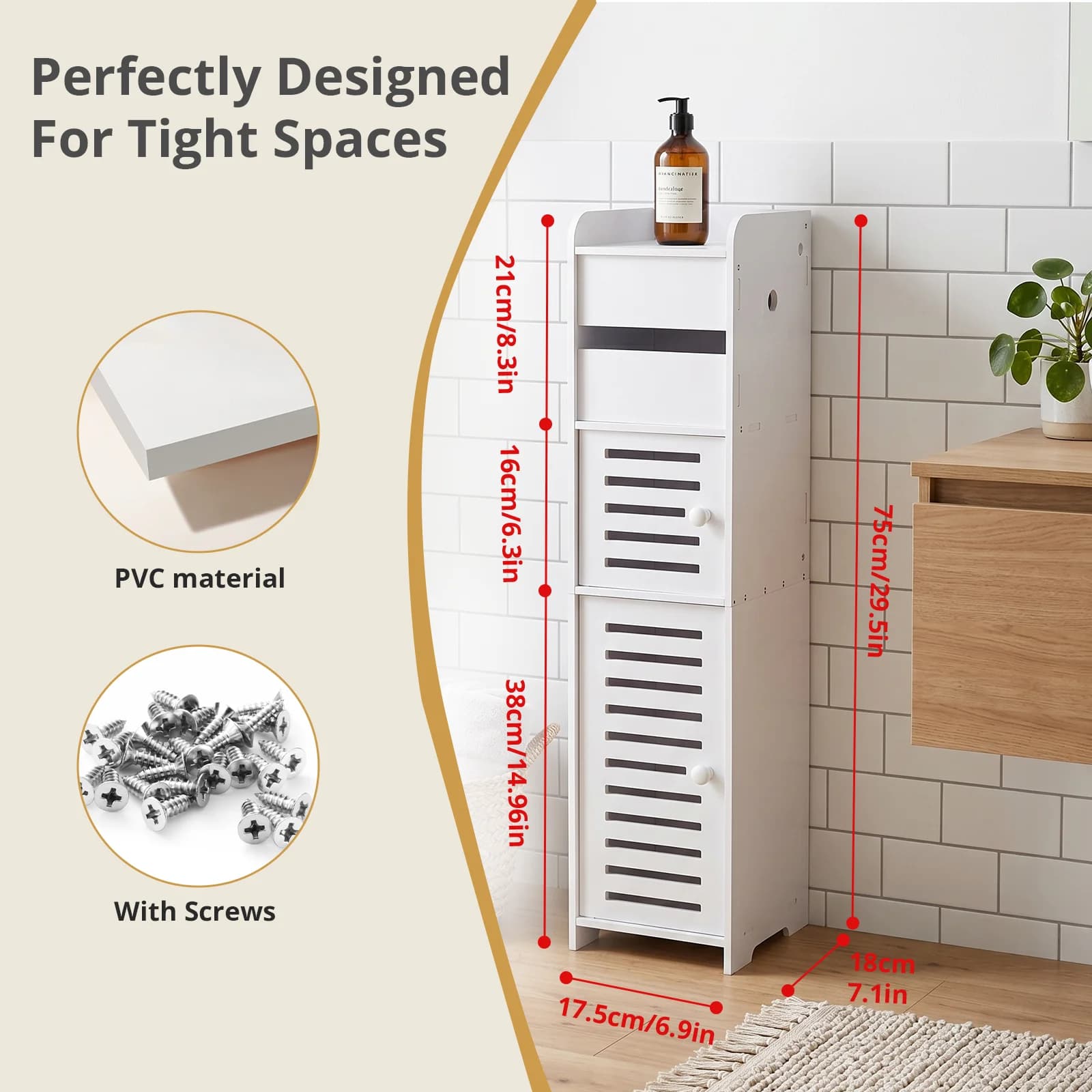 Mobiletto da Bagno Bianco Sottile 75x17.5x18 cm, Organizzatore Stretto da Terra per WC con Ripiani Regolabili e Porta Carta Igienica
