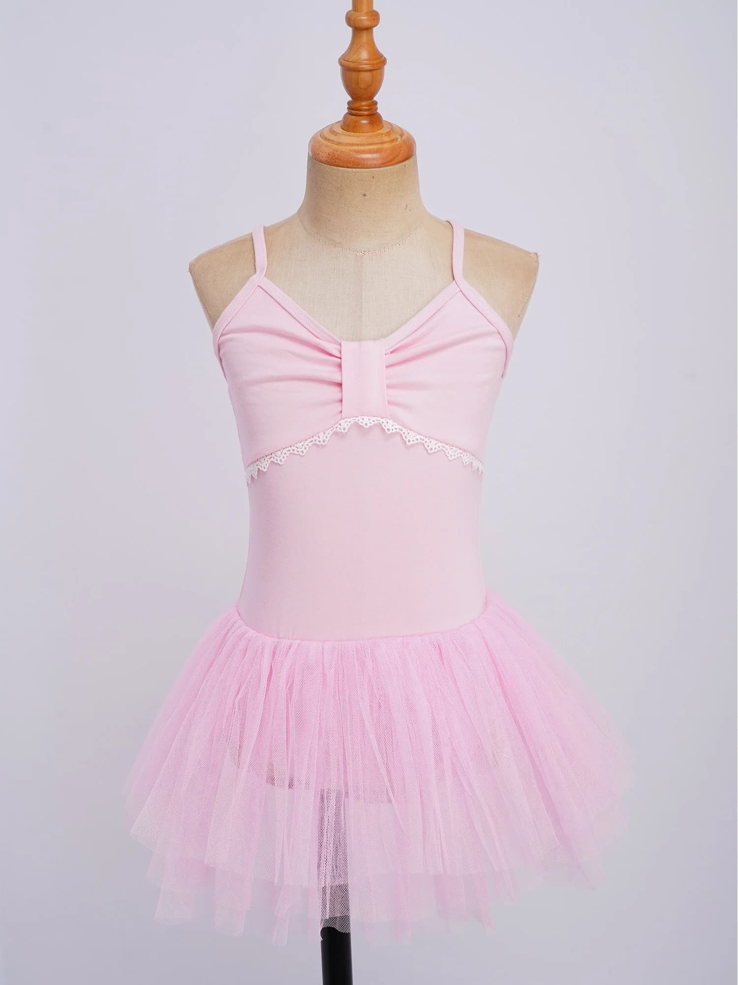 Vestito da ballo per bambine con spalline sottili, corpetto arricciato con pizzo e gonna in tulle per pratica e performance da ballerina