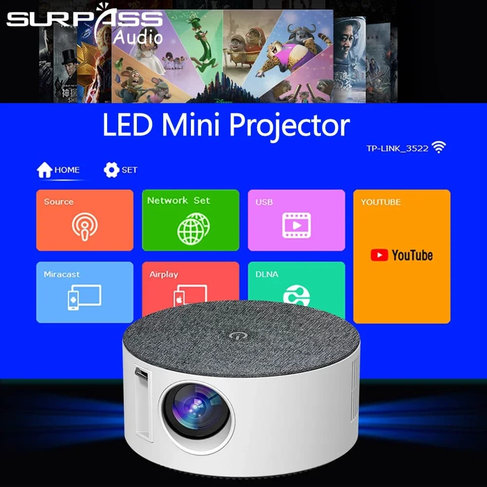 Mini proiettore LED versione Smart 800x480P, schermo wireless, sistema audio integrato, lettore multimediale, supporto per telefono cellulare, per la stanza