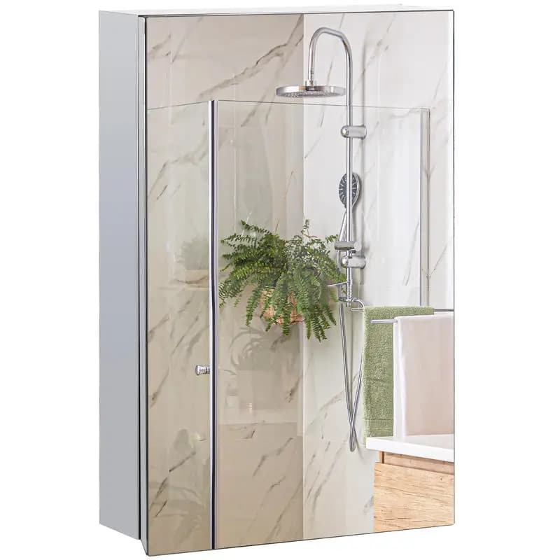 kleankin Wall Mounted Bathroom Medicine Cabinet Mirrored Cabinet with Hinged Door 3-Tier Storage Shelves Silver