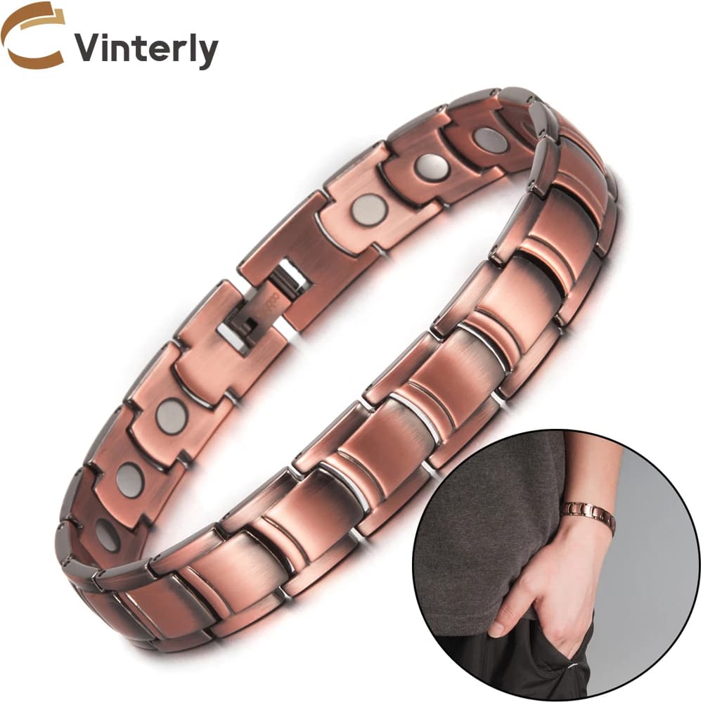 Bracciale magnetico in rame puro Vinterly da uomo, cinturino largo 12 mm, magnete in metallo, terapia, catena a mano, collegamento, energia sanitaria, gioielli maschili