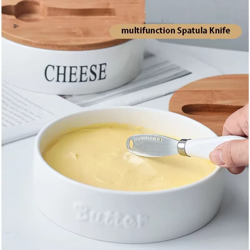 Contenitore per burro da cucina con coperchio per piano di lavoro, contenitore in ceramica per burro con spatola e coltello, porta burro da bancone